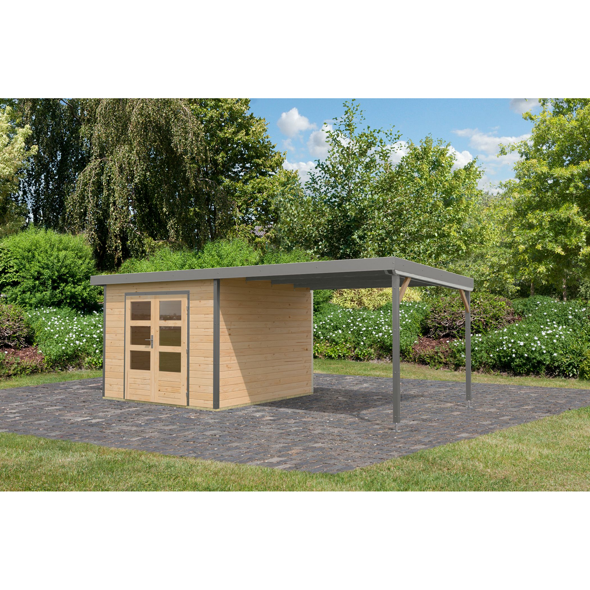 Metall-Holzgartenhaus-Set 'Meteor 6 A' naturbelassen / graualuminium 574 x 218,5 x 271 cm