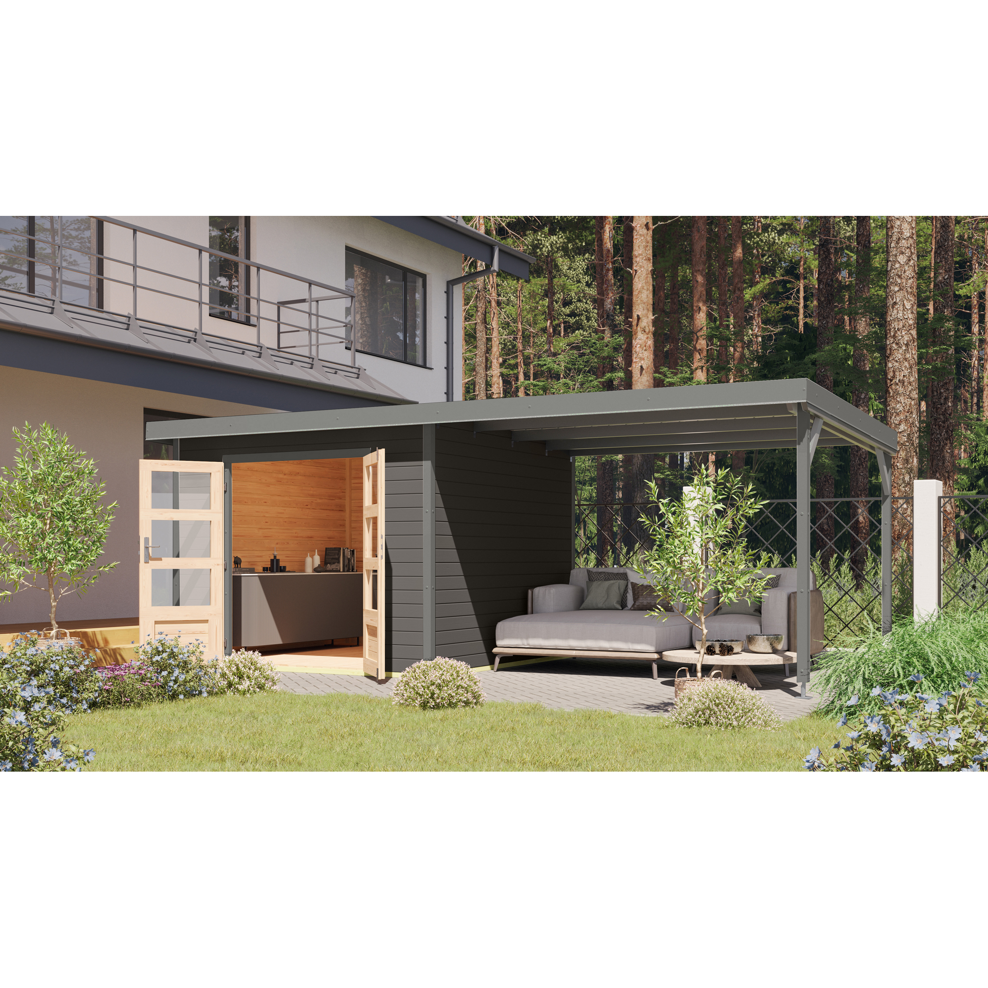 Metall-Holzgartenhaus-Set 'Meteor 6 B' Fichtenhoz terragrau Metall graualuminium 574 x 218,5 x 271 cm