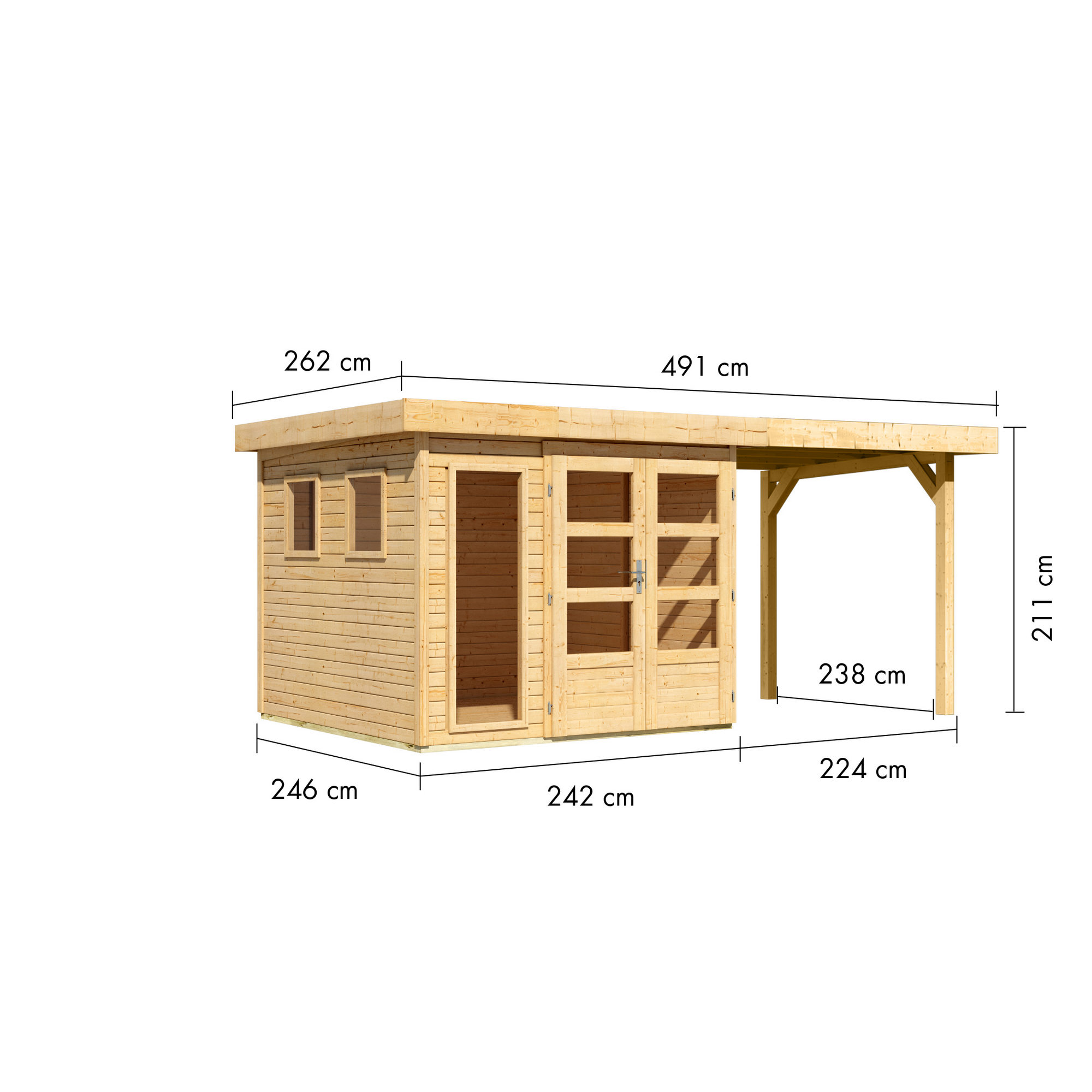 Gartenhaus-Set 'Marbella' naturbelassen mit Anbaudach 491 x 211 x 262 cm + product picture