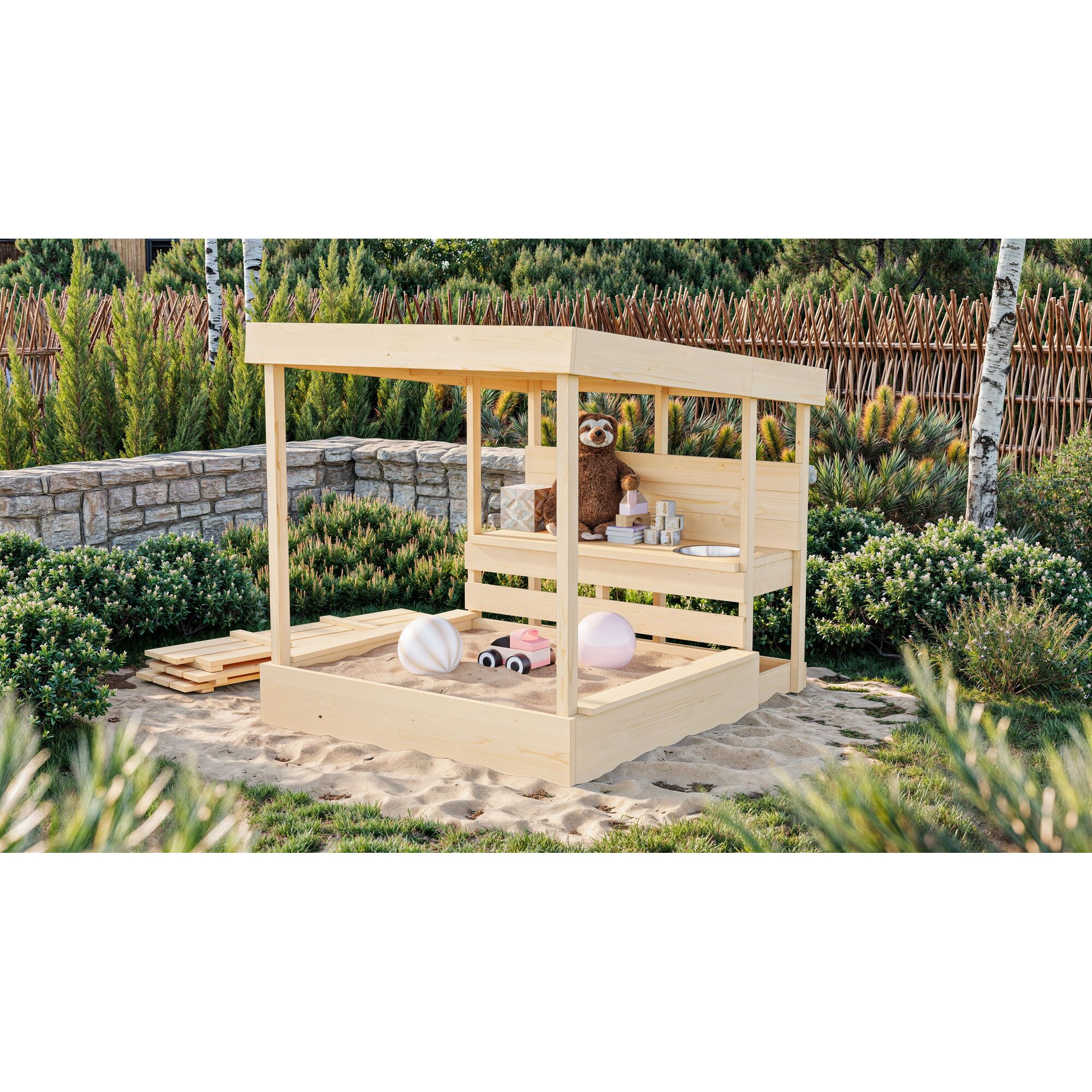 Hölzerner Sandkasten mit Dach