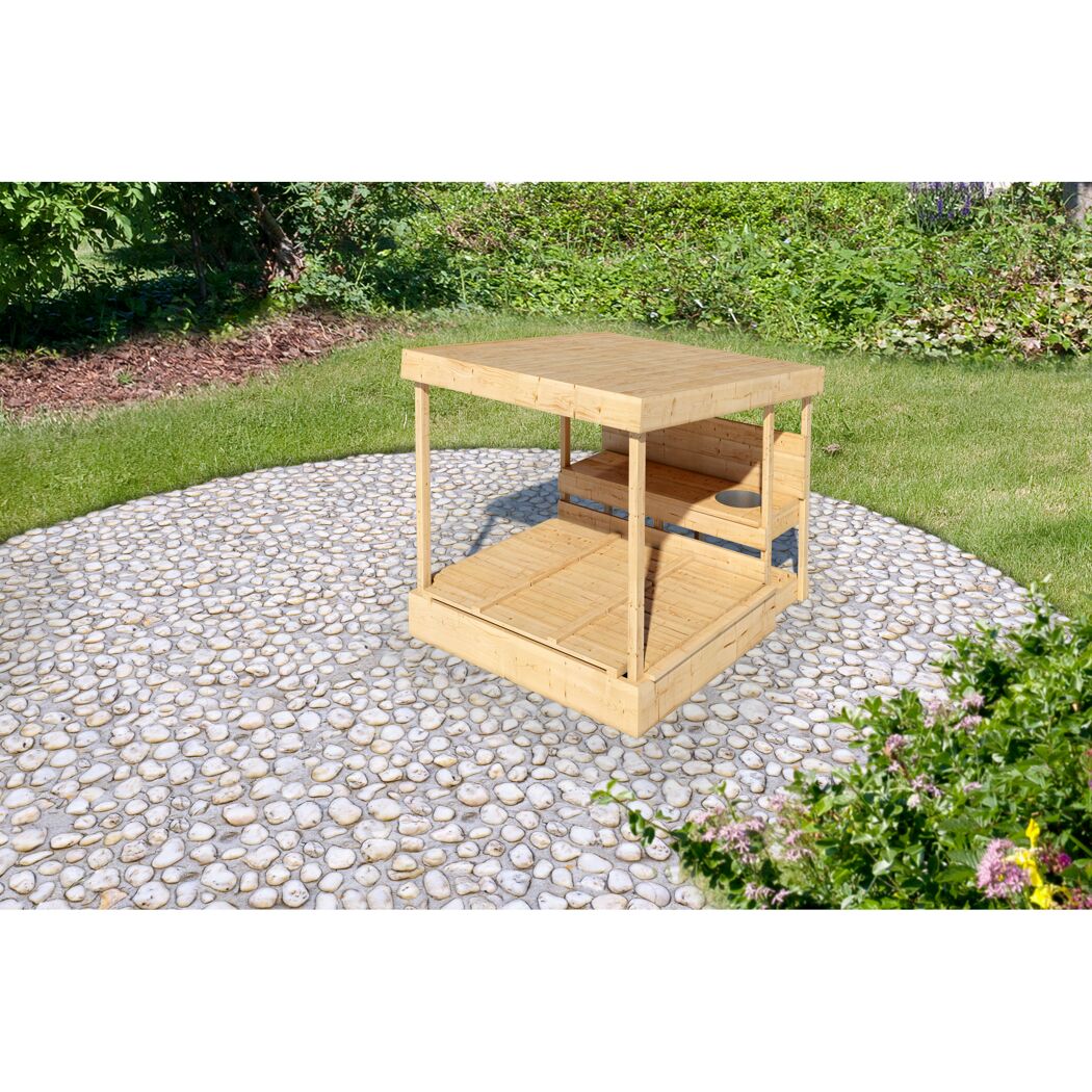 Hölzerner Sandkasten mit Dach und Sitzbank
