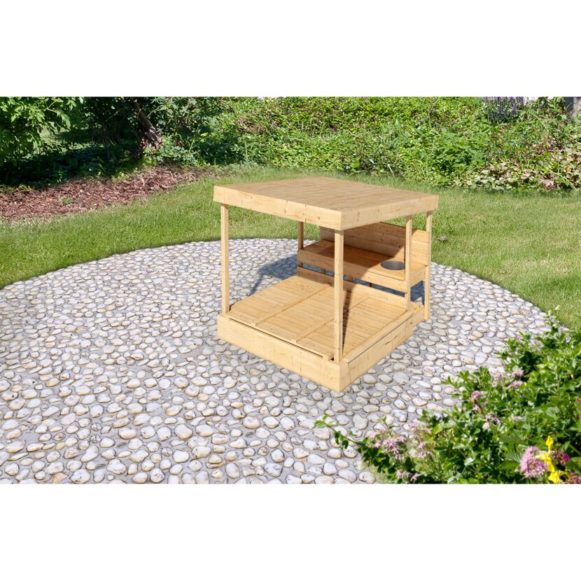 Hölzerner Sandkasten mit Dach und Sitzbank