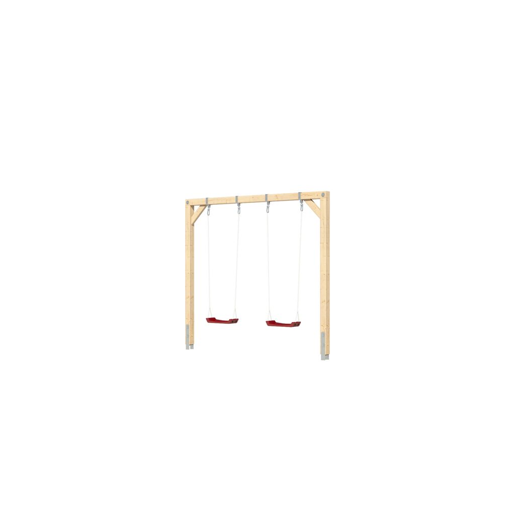 Holzschaukel mit zwei roten Sitzen