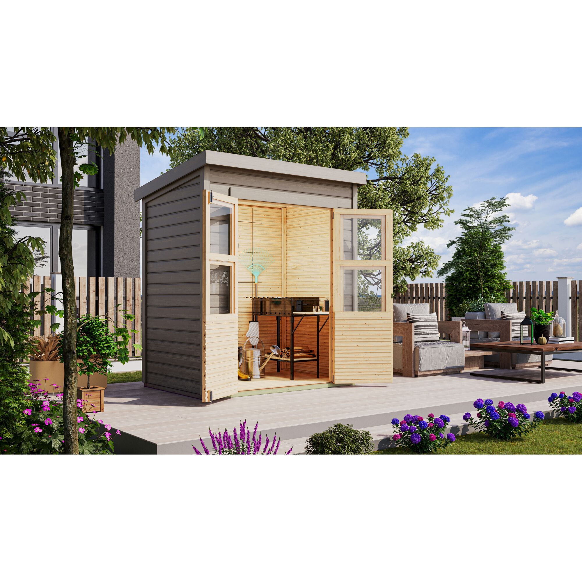 Gartenhaus mit geöffneten Türen