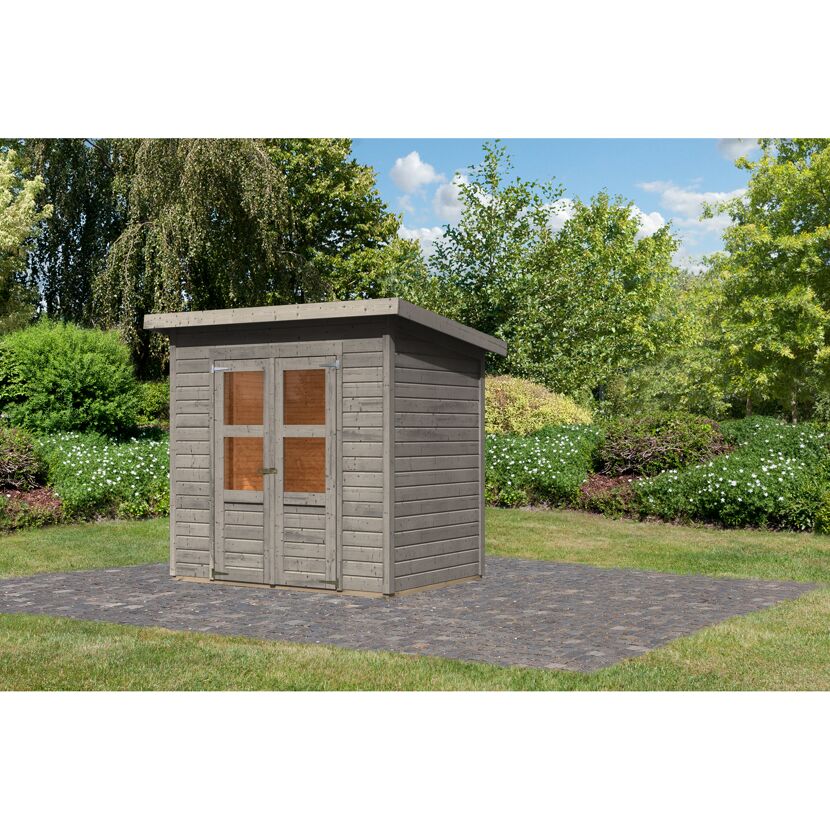 Graues Gartenhaus mit Doppeltür auf Rasen