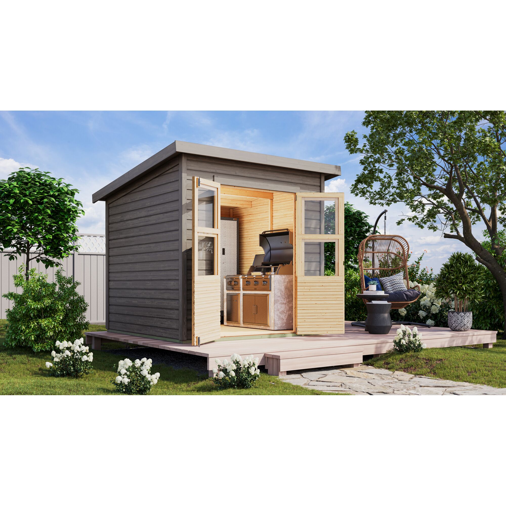 Gartenhaus mit Grill und Getränkekühlschrank