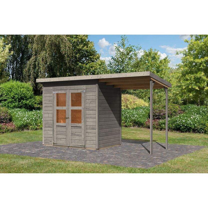 Graues Gartenhaus Berseburg 3 Set AD mit Überdach