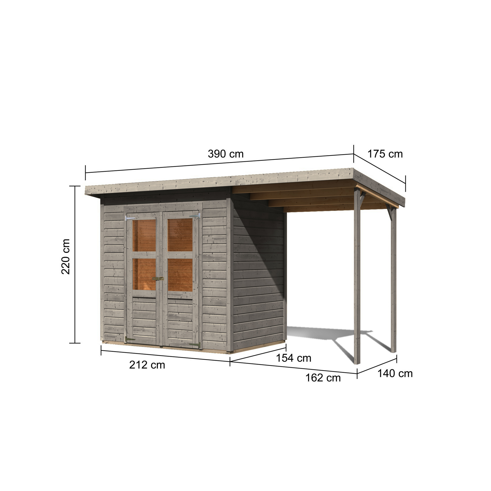 Gartenhaus-Set 'Berseburg 3' Fichtenholz vorvergraut mit Anbaudach 370 x 219 x 154 cm + product picture