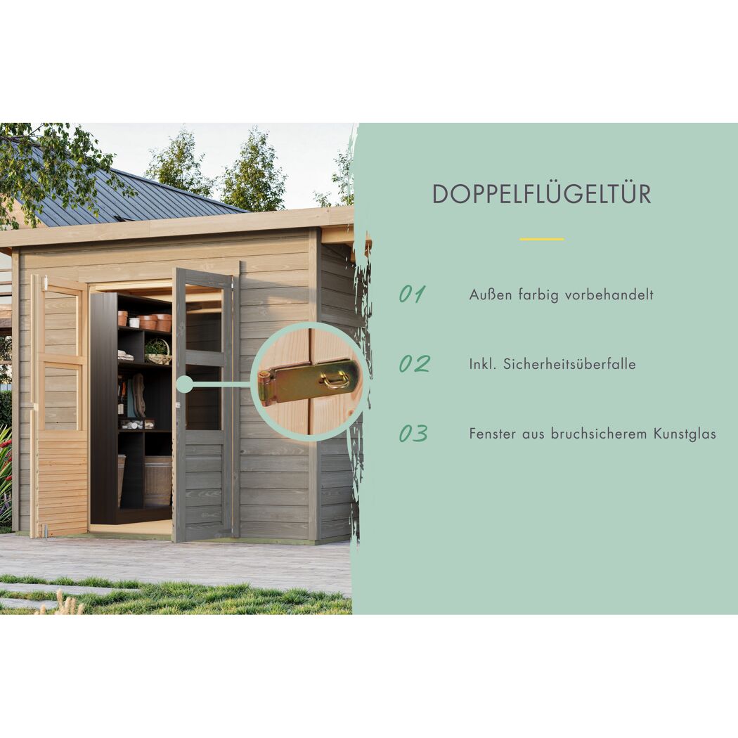 Gartenhaus mit Doppelflügeltür und Sicherheitsüberfalle
