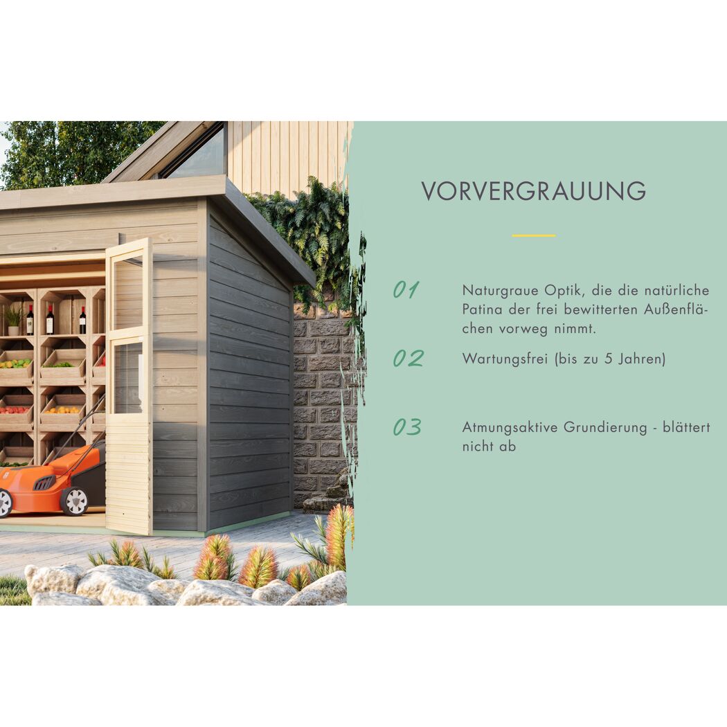 Grauer Geräteschuppen mit geöffneter Tür