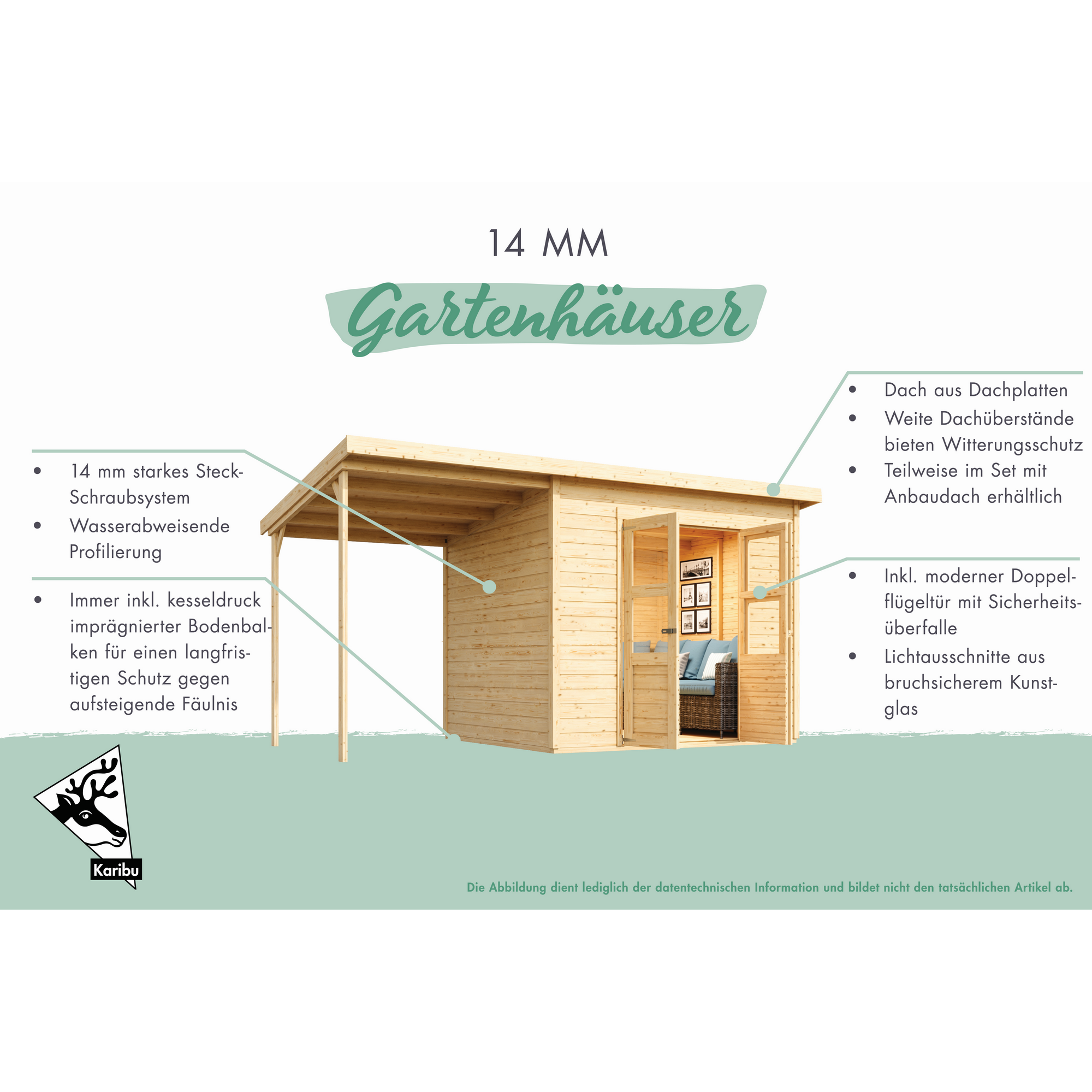 Gartenhaus-Set 'Berseburg 5' Fichtenholz vorvergraut mit Anbaudach 400 x 219 x 214 cm