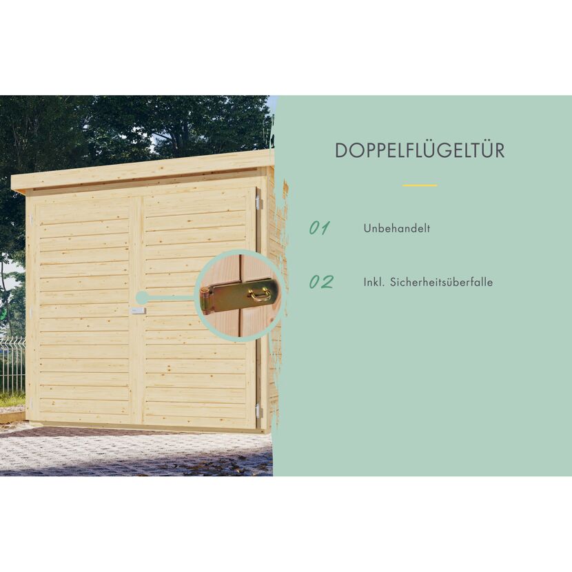Fahrradgarage aus Holz mit Doppelflügeltür und Sicherheitsüberfalle