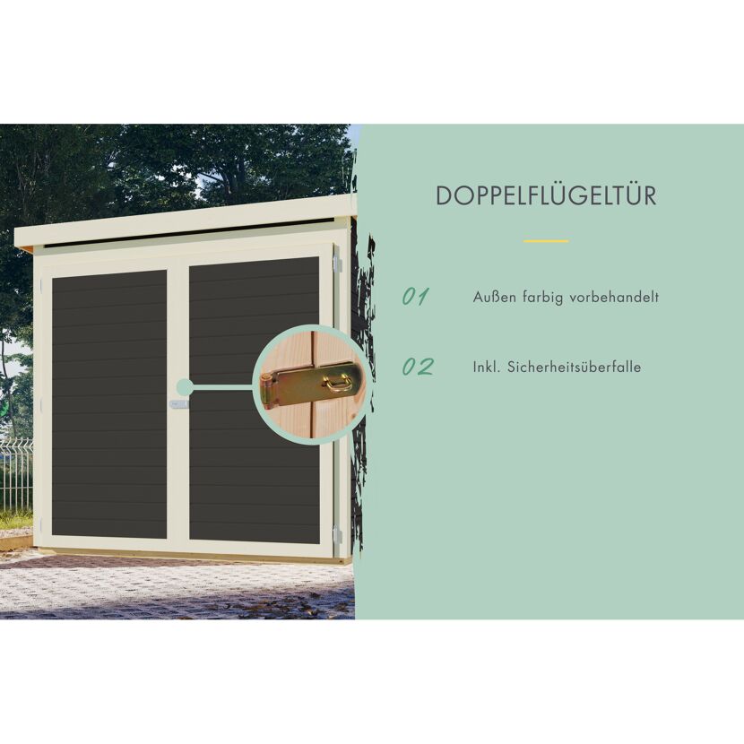 Beige Fahrradgarage mit Doppeltür und Sicherheitsüberfalle