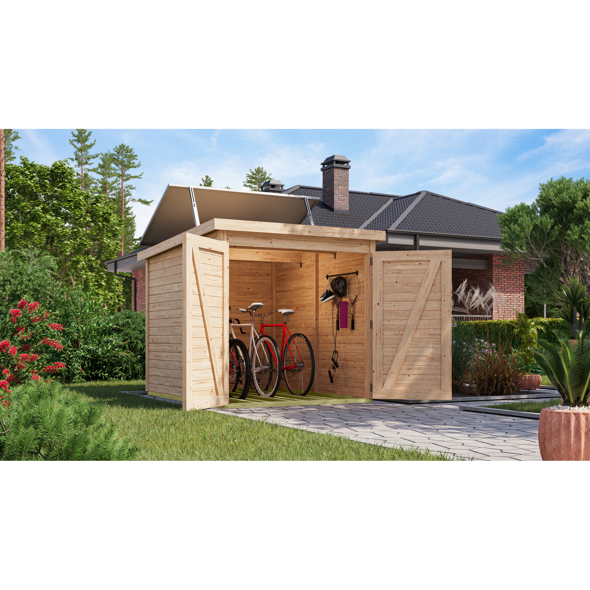 Fahrradgarage-Set 'Bike 3' Fichtenholz naturbelassen mit Solarkit 162,5 x 167 x 216,5 cm