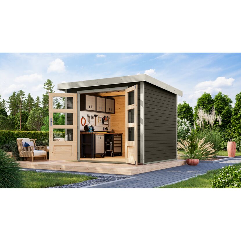 Gartenhaus mit Werkbank und Werkzeug