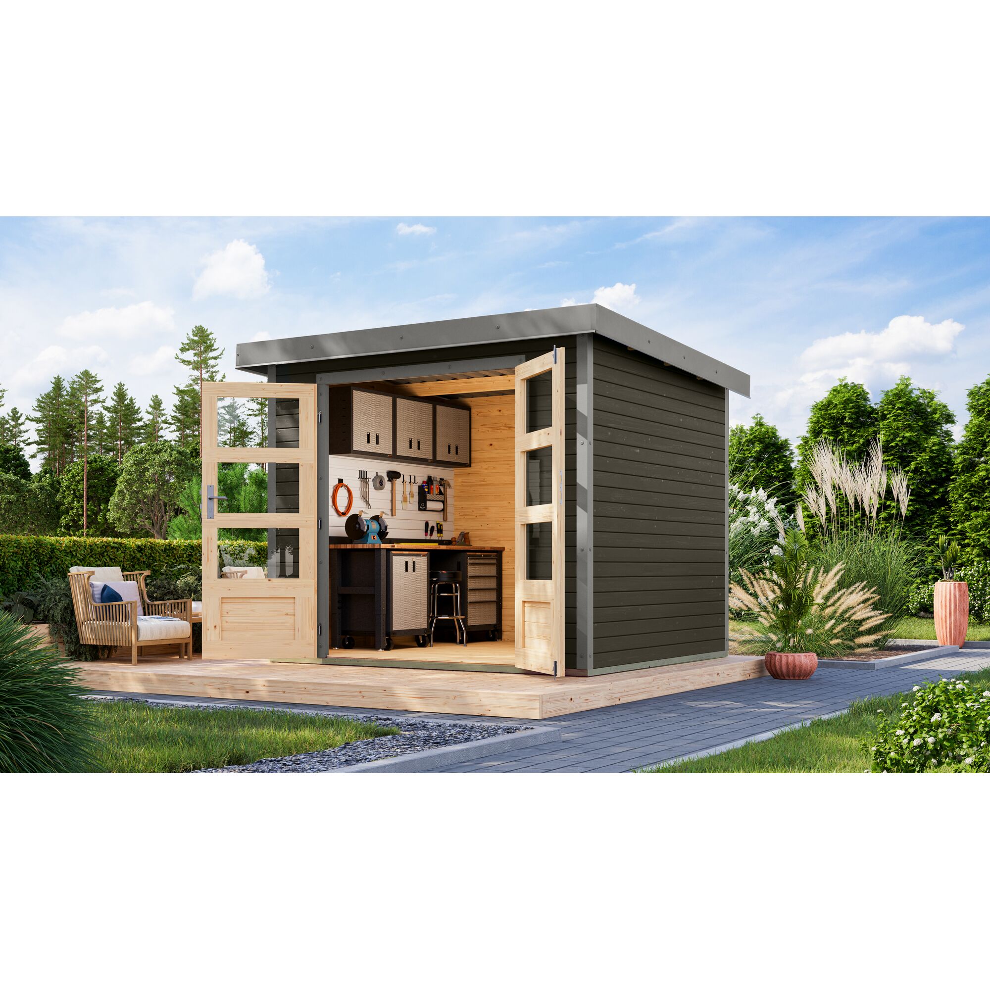 Gartenhaus mit Werkbank und Werkzeug
