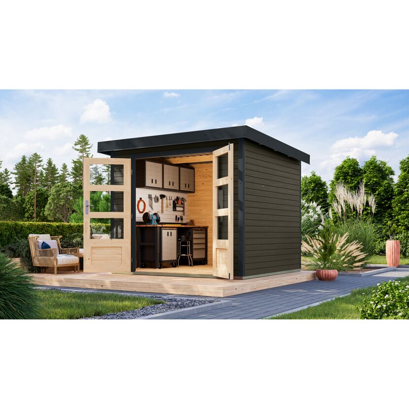 Gartenhaus mit Werkbank und Werkzeug