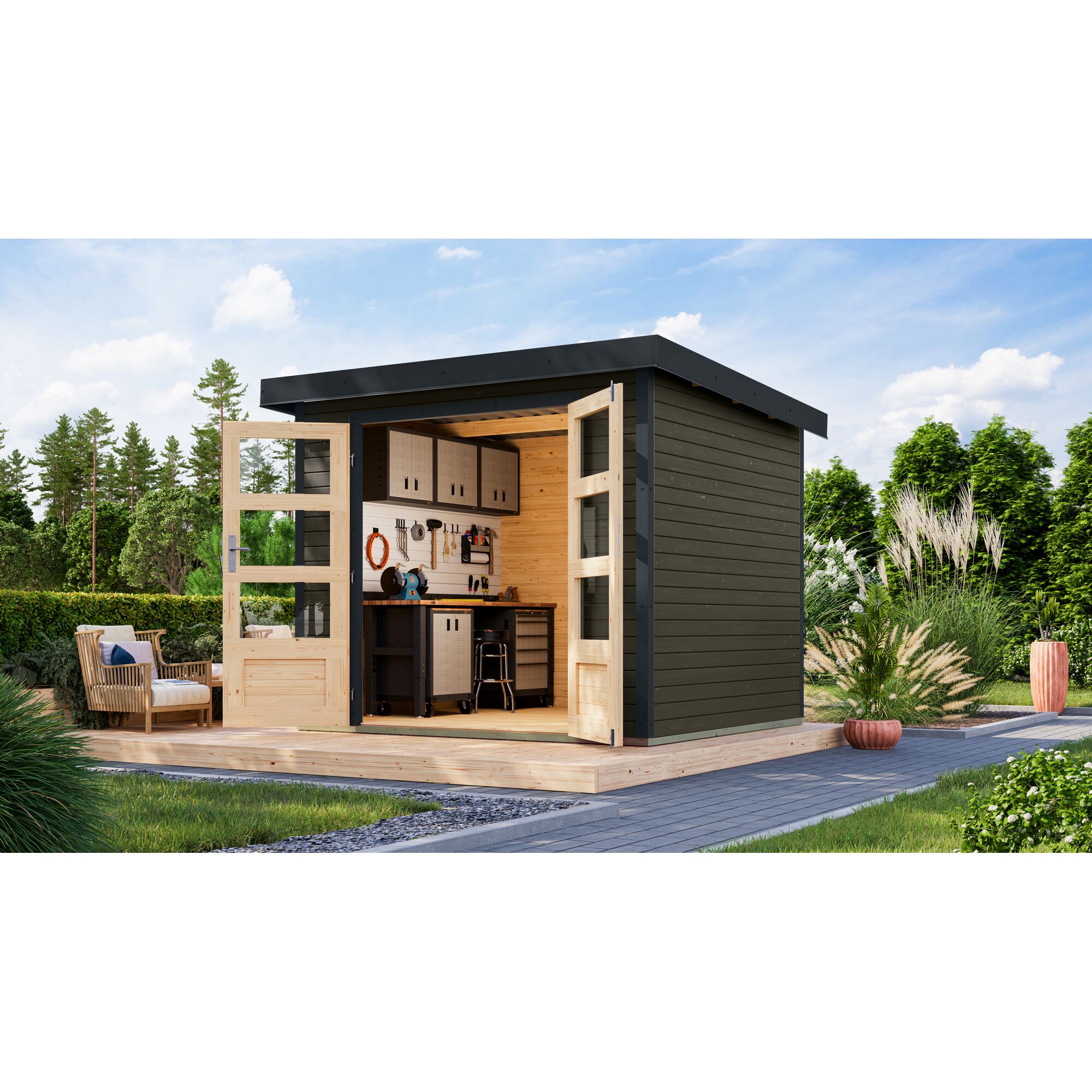 Gartenhaus mit Werkbank und Werkzeug