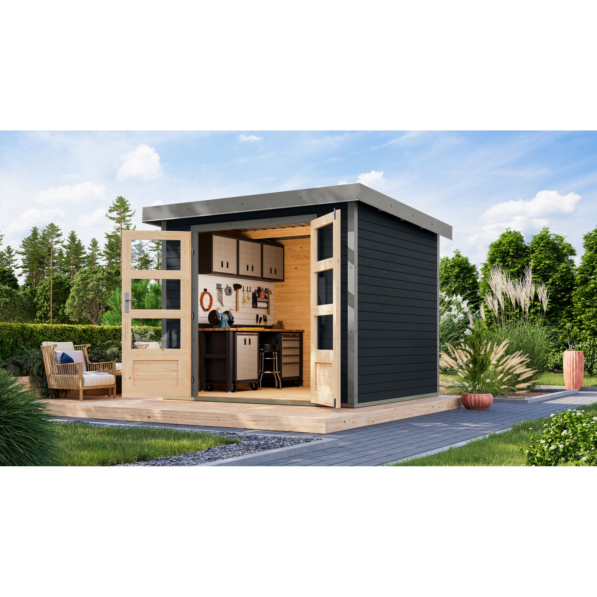 Gartenhaus mit Werkbank und Werkzeug