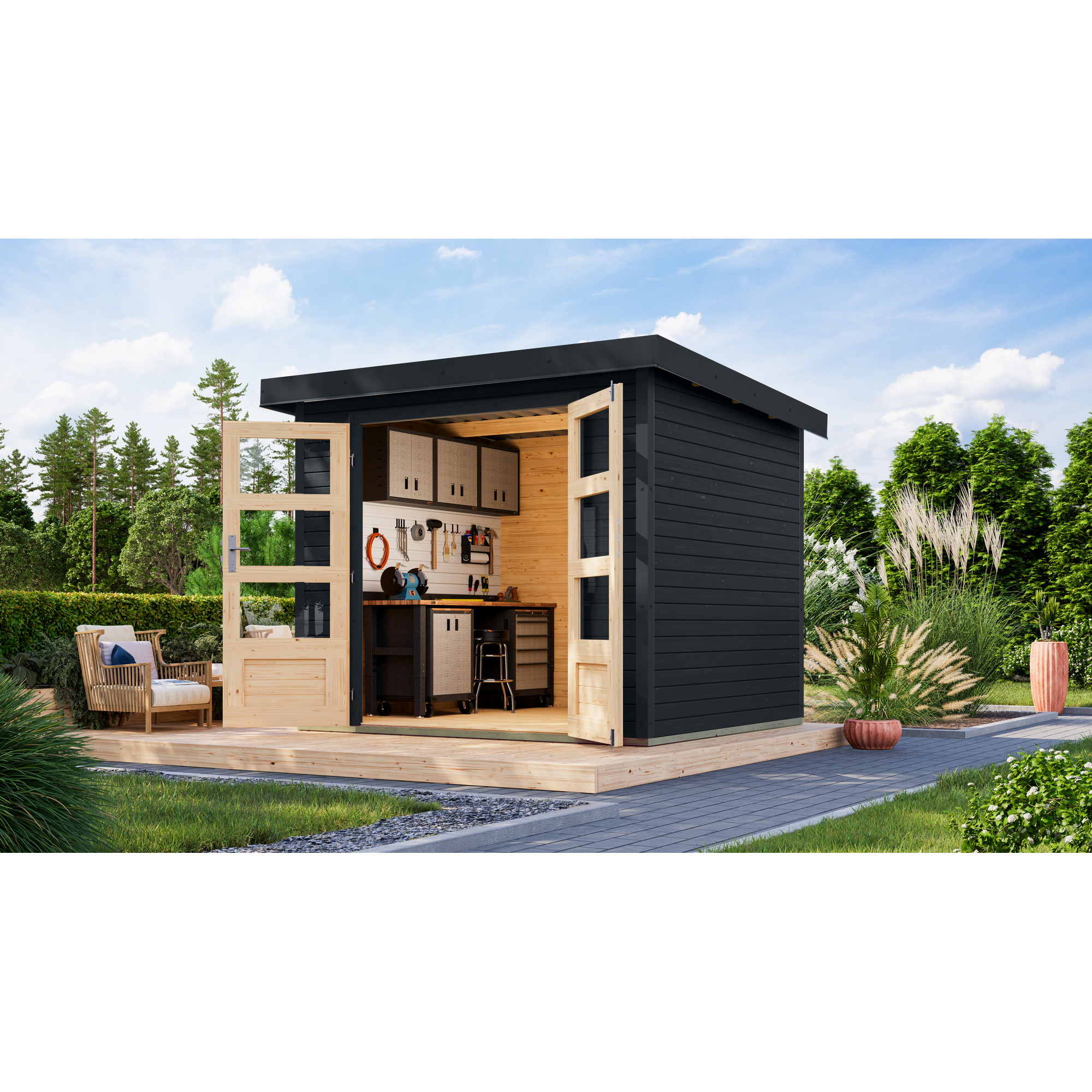 Gartenhaus mit Werkbank und Werkzeug