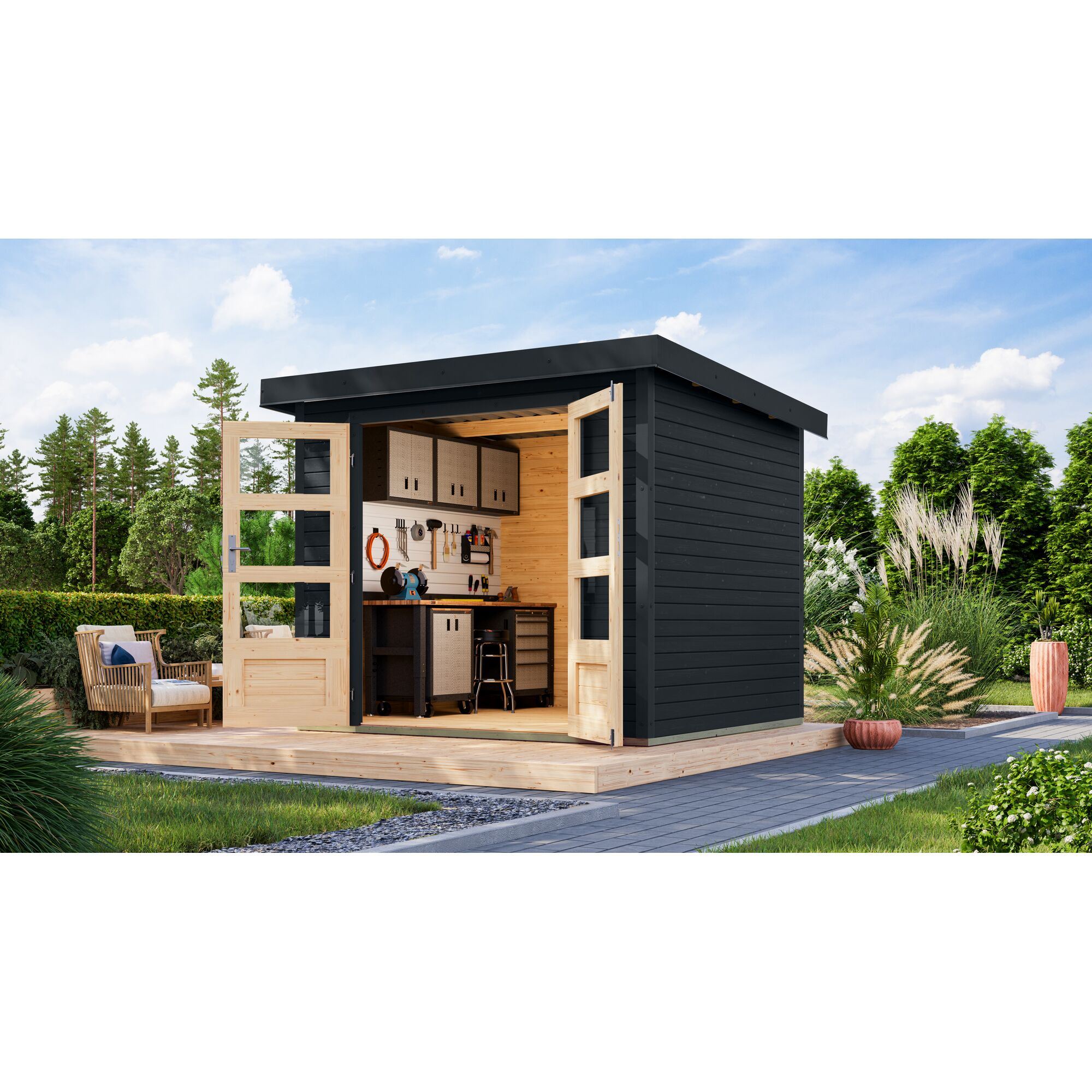 Gartenhaus mit Werkbank und Werkzeug