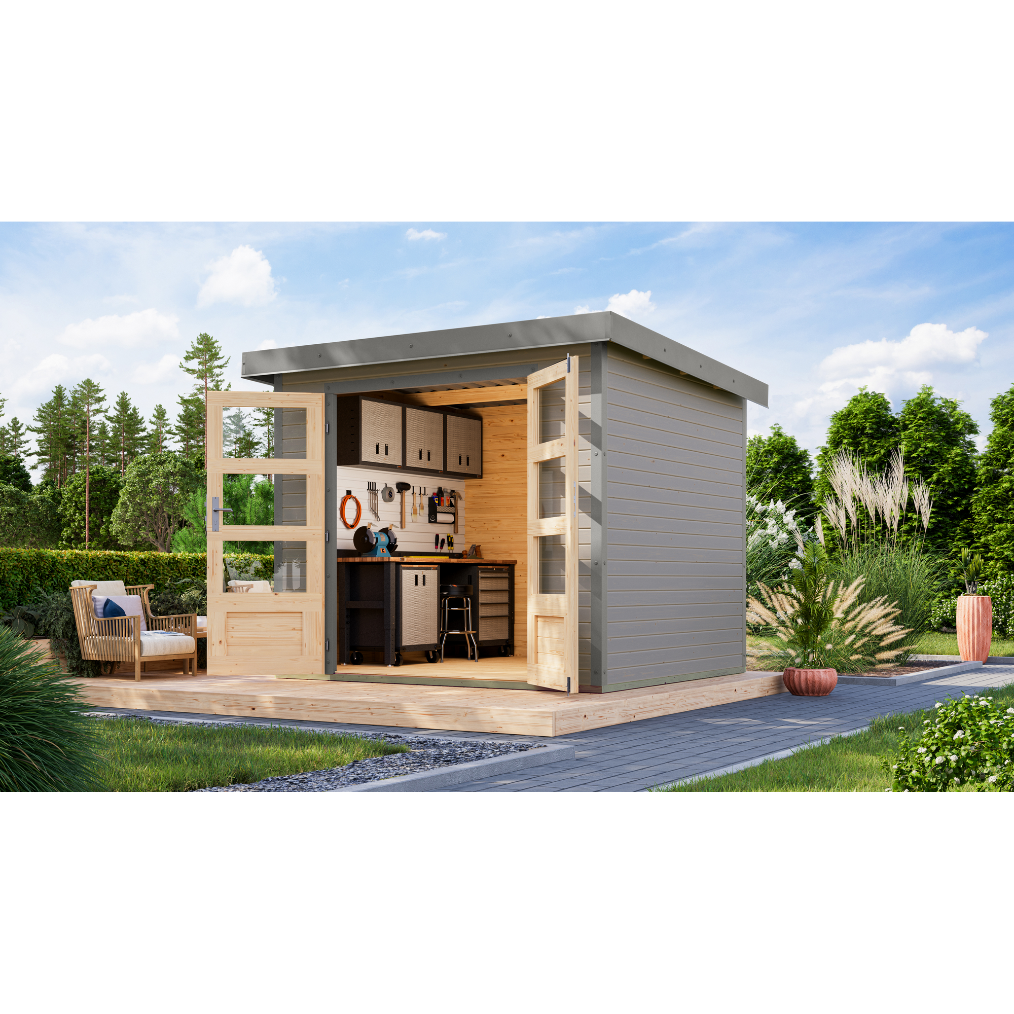 Gartenhaus mit Werkbank und Werkzeug