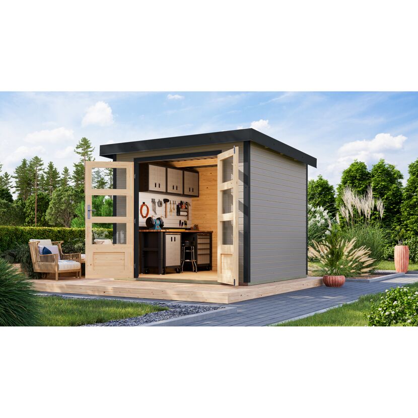 Gartenhaus mit Werkbank und Werkzeug
