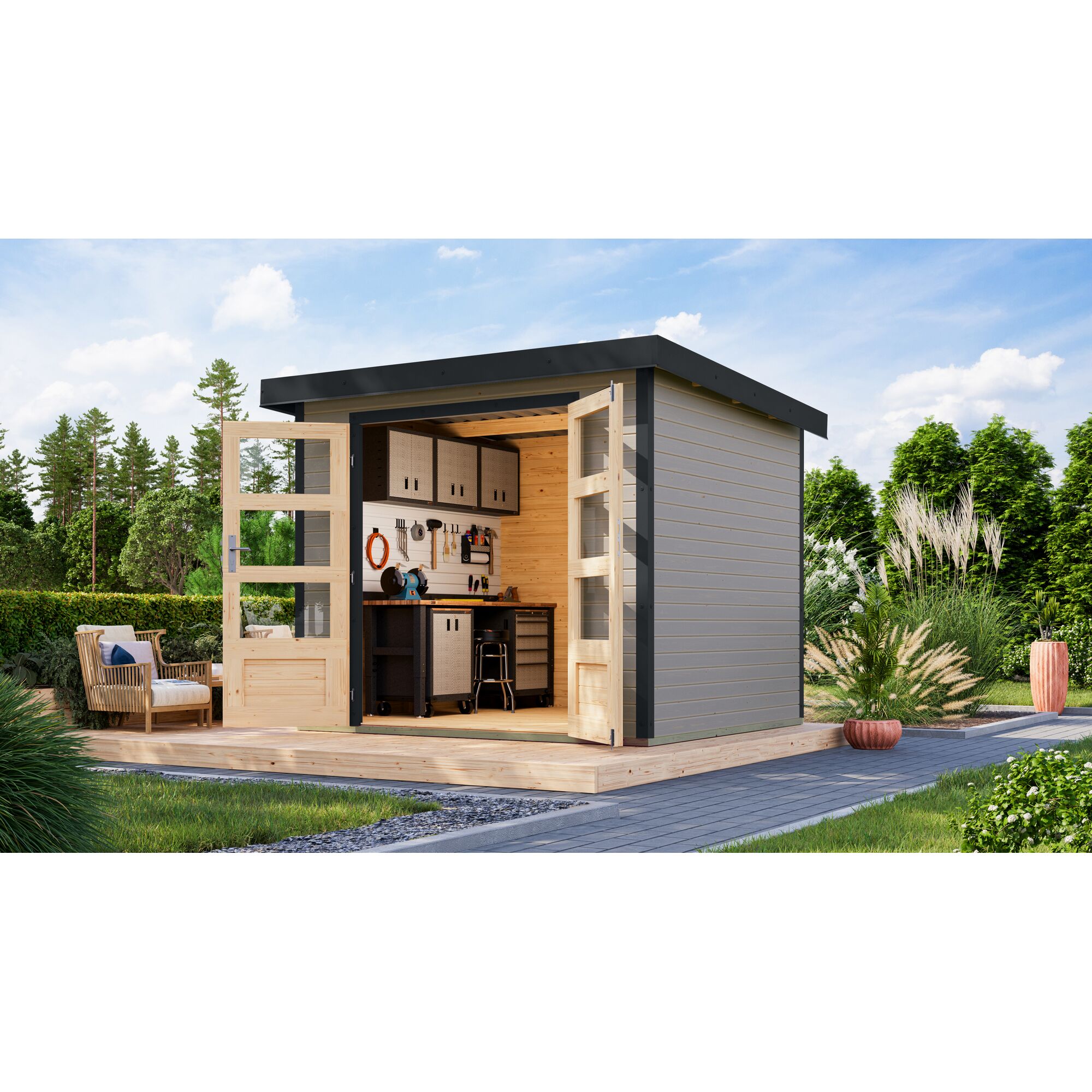 Gartenhaus mit Werkbank und Werkzeug