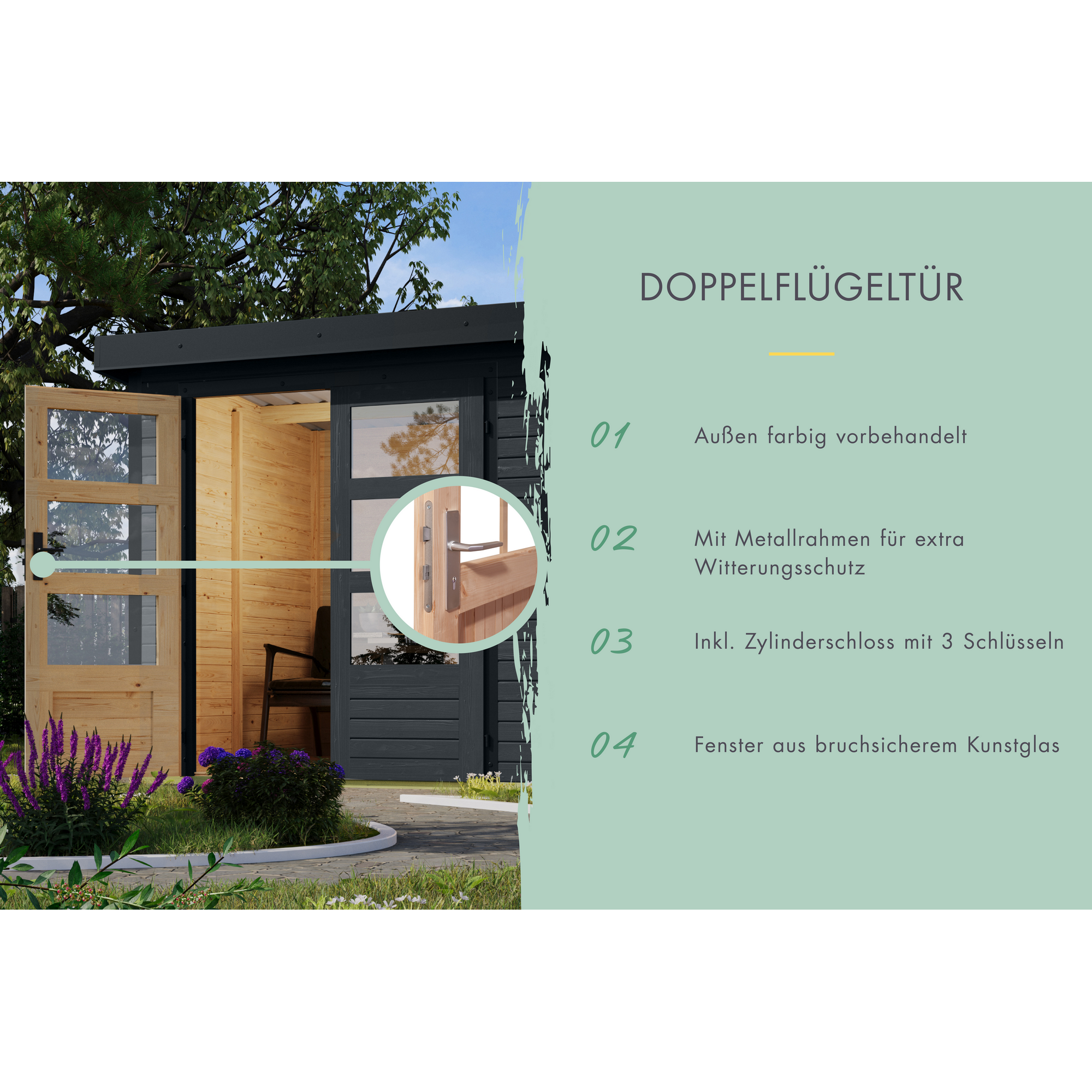 Gartenhaus mit offener Doppelflügeltür