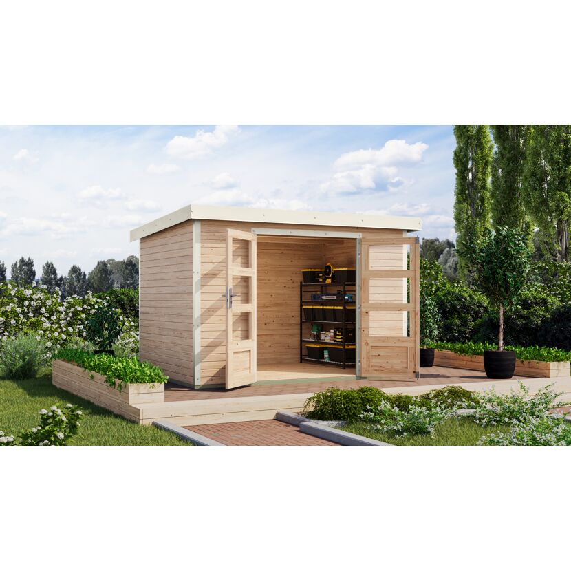 Gartenhaus aus Holz mit Werkzeug