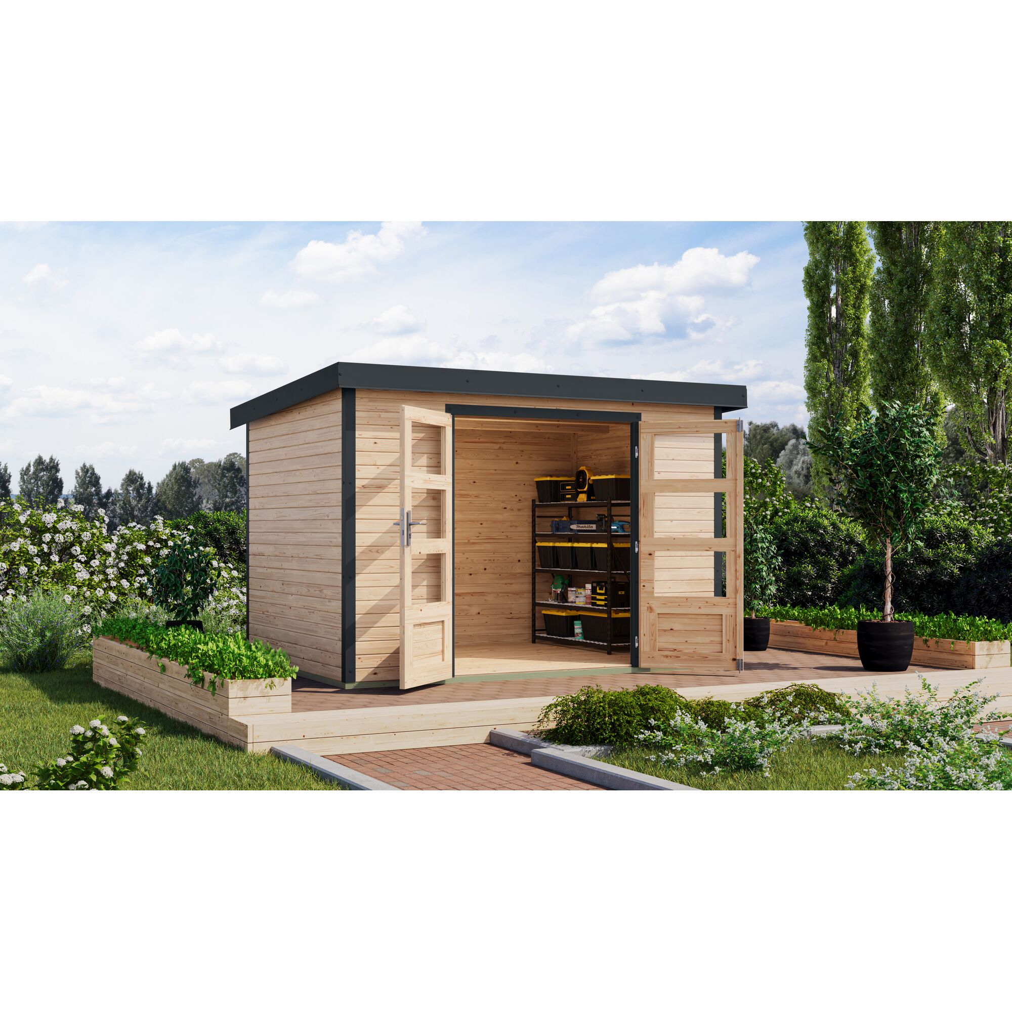 Gartenhaus aus Holz mit geöffneten Türen