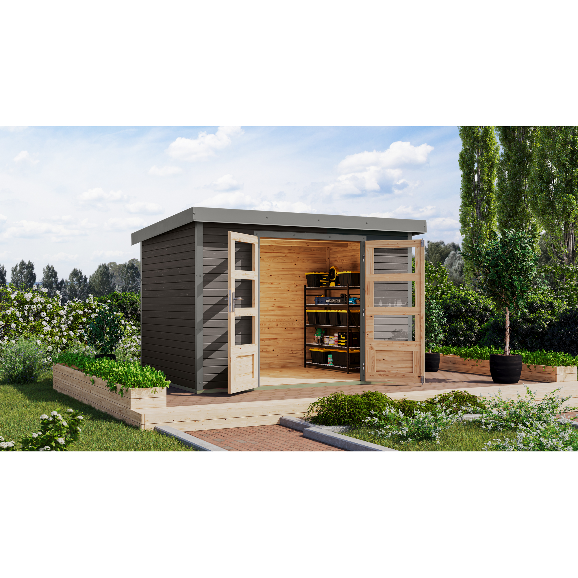 Gartenhaus mit geöffneten Türen, gefüllt mit Gartengeräten