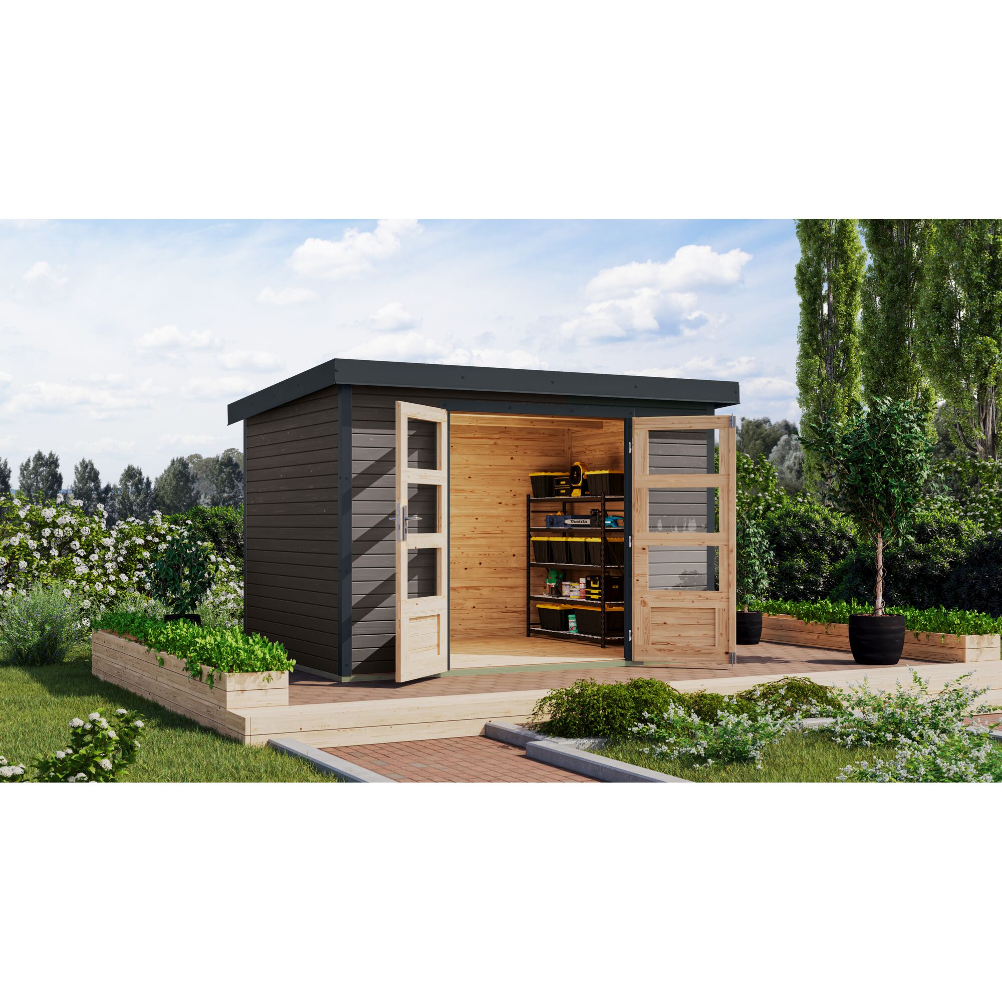 Offener Gartenschrank mit Werkzeug