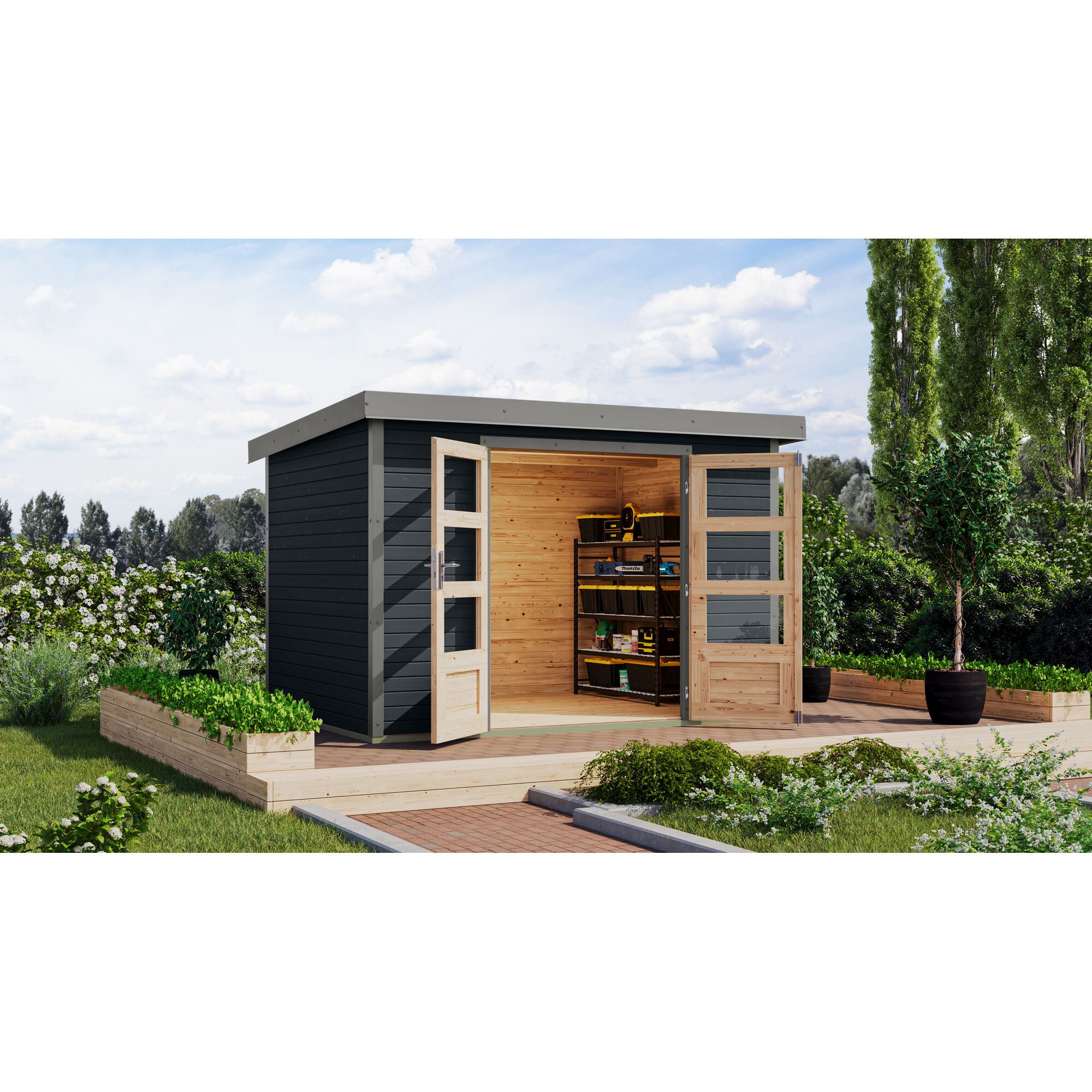 Gartenhaus mit geöffneten Türen und Werkzeug im Inneren