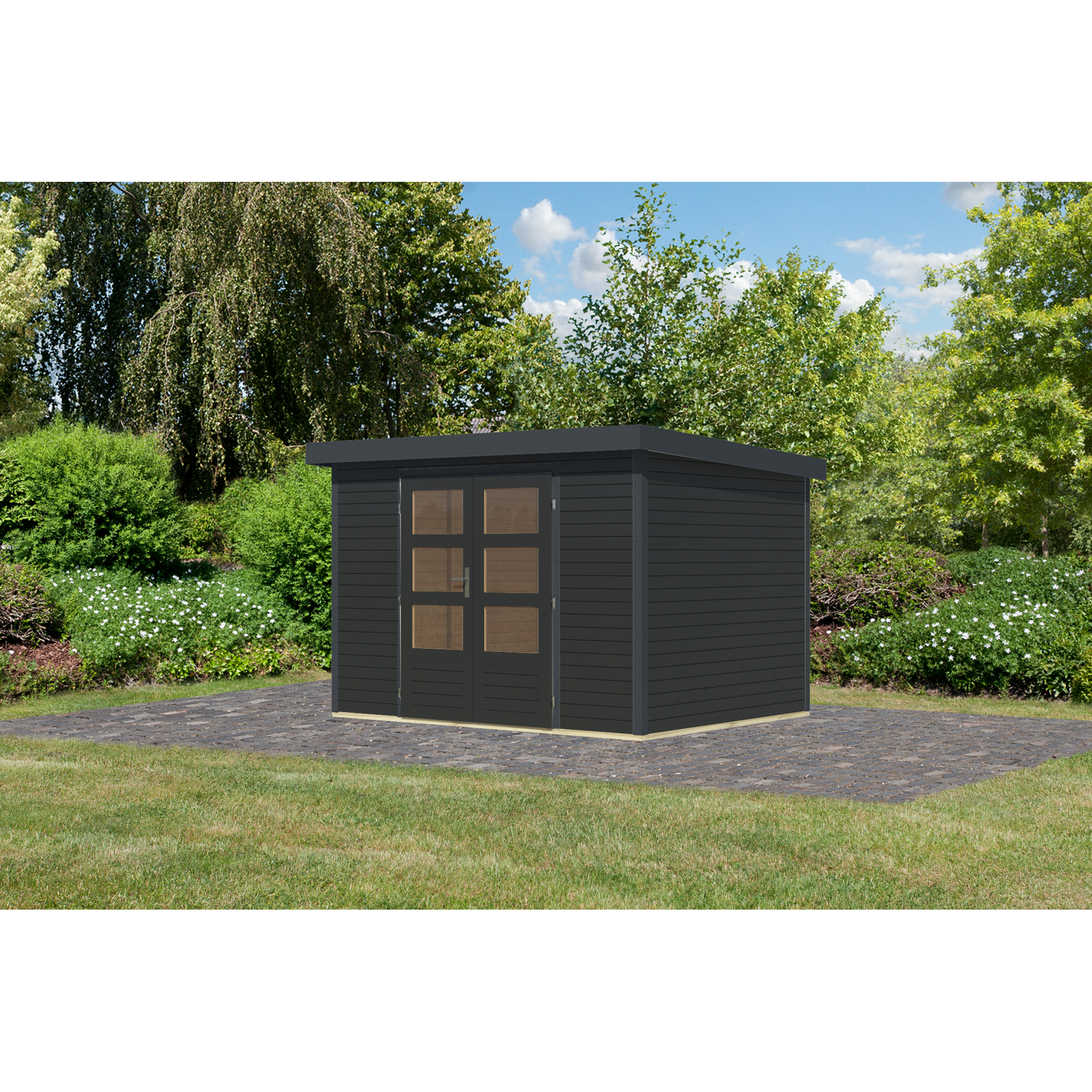 Schwarzes Gartenhaus mit Doppeltür