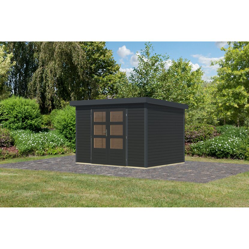 Schwarzes Gartenhaus mit Doppeltür