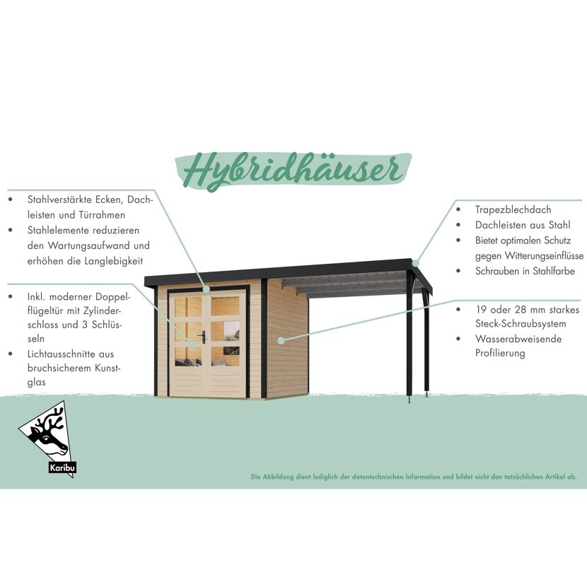 Gartenhaus-Set 'Komet 3 A' Fichtenholz naturbelassen / graualuminium mit Anbaudach 2,35 m breit 454,5 x 209 x 213,5 cm