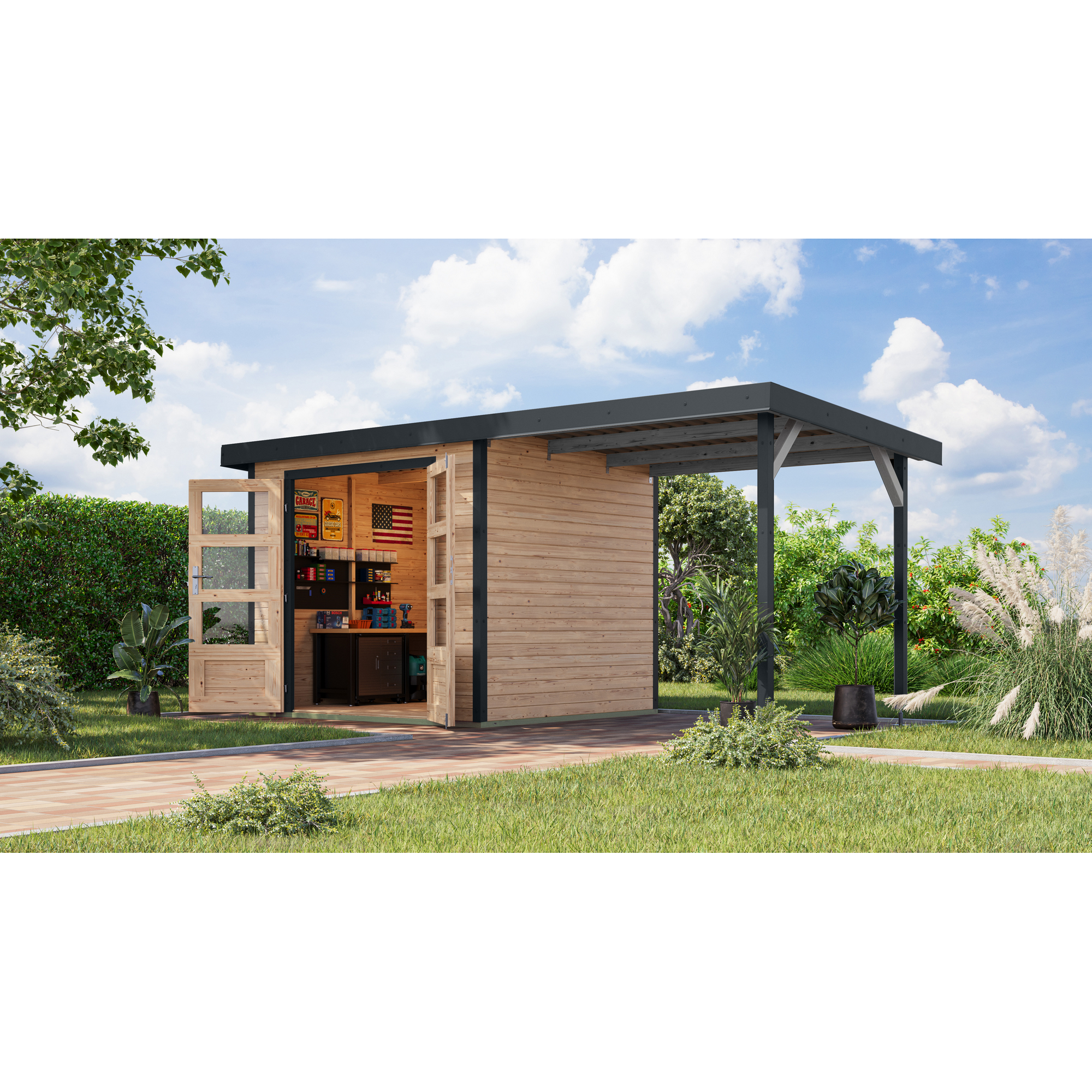 Gartenhaus-Set 'Komet 3 A' Fichtenholz naturbelassen / anthrazit mit Anbaudach 2,35 m breit 454,5 x 209 x 213,5 cm
