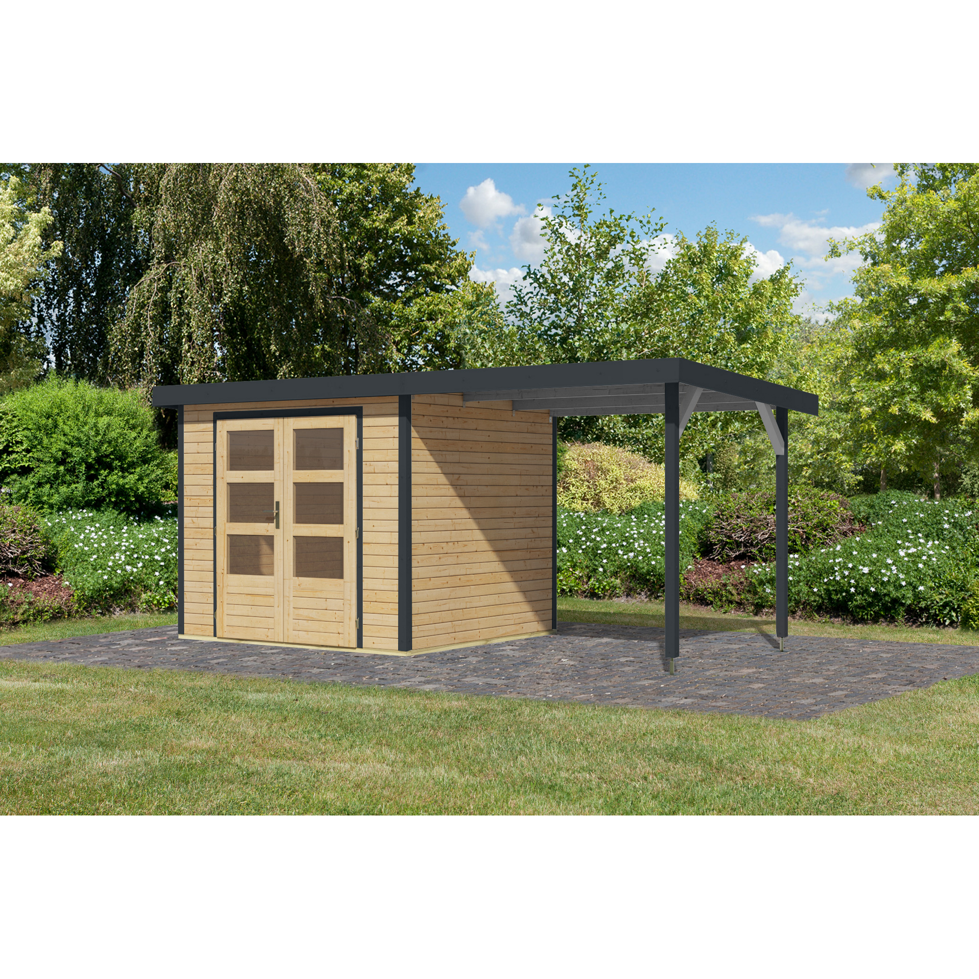 Gartenhaus-Set 'Komet 3 A' Fichtenholz naturbelassen / anthrazit mit Anbaudach 2,35 m breit 454,5 x 209 x 213,5 cm