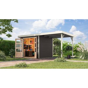 Gartenhaus-Set 'Komet 3 B' Fichtenholz terragrau / weiß mit Anbaudach 2,35 m breit 454,5 x 209 x 213,5 cm