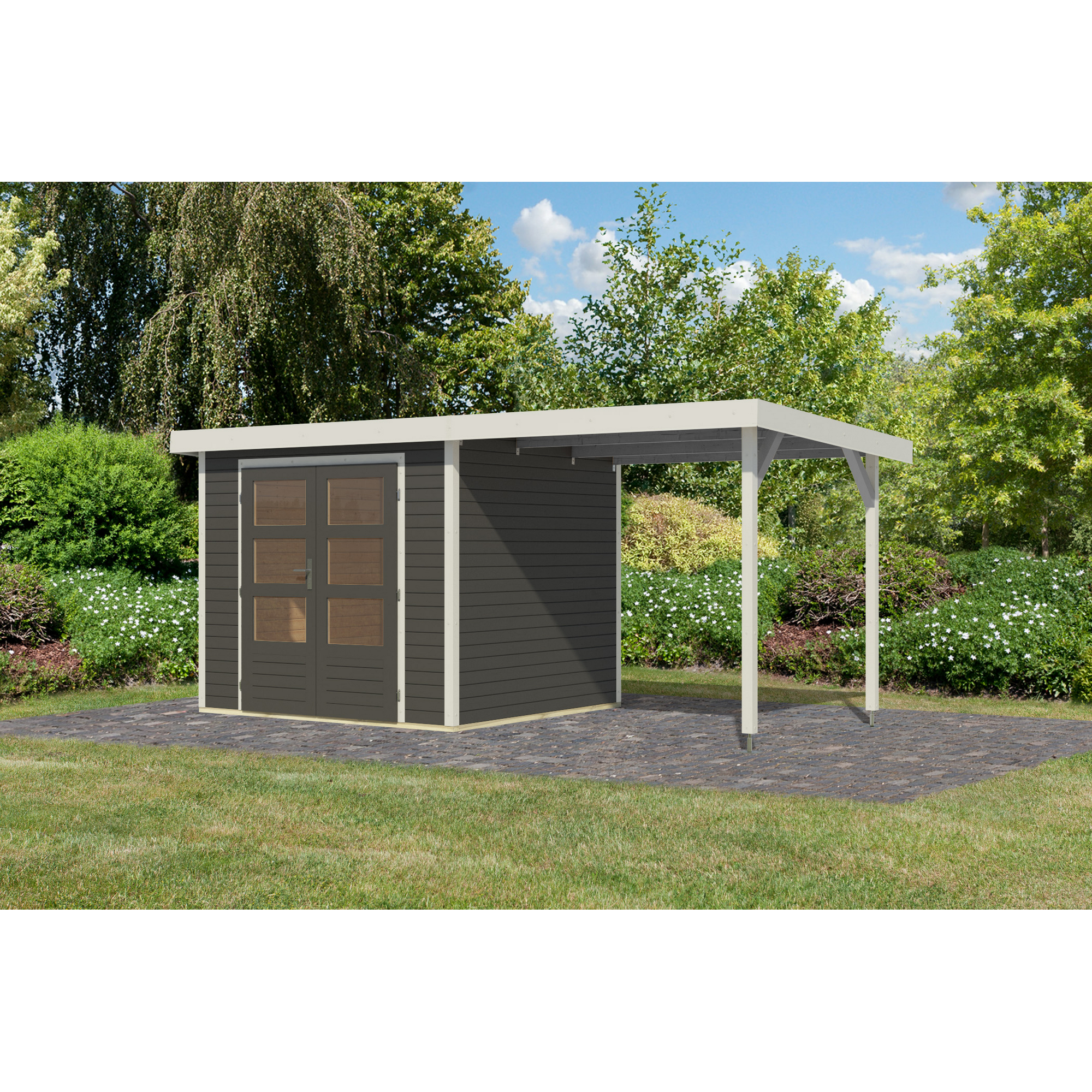 Gartenhaus-Set 'Komet 3 B' Fichtenholz terragrau / weiß mit Anbaudach 2,35 m breit 454,5 x 209 x 213,5 cm