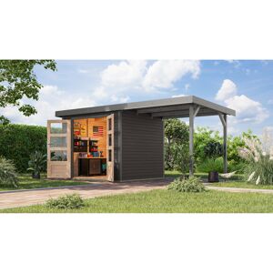 Gartenhaus-Set 'Komet 3 B' Fichtenholz terragrau / graualuminium mit Anbaudach 2,35 m breit 454,5 x 209 x 213,5 cm