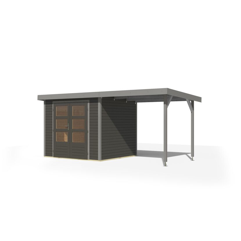 Gartenhaus-Set 'Komet 3 B' Fichtenholz terragrau / graualuminium mit Anbaudach 2,35 m breit 454,5 x 209 x 213,5 cm