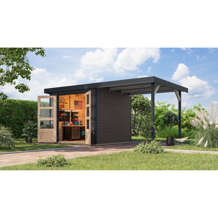 Gartenhaus-Set 'Komet 3 B' Fichtenholz terragrau / anthrazit mit Anbaudach 2,35 m breit 454,5 x 209 x 213,5 cm