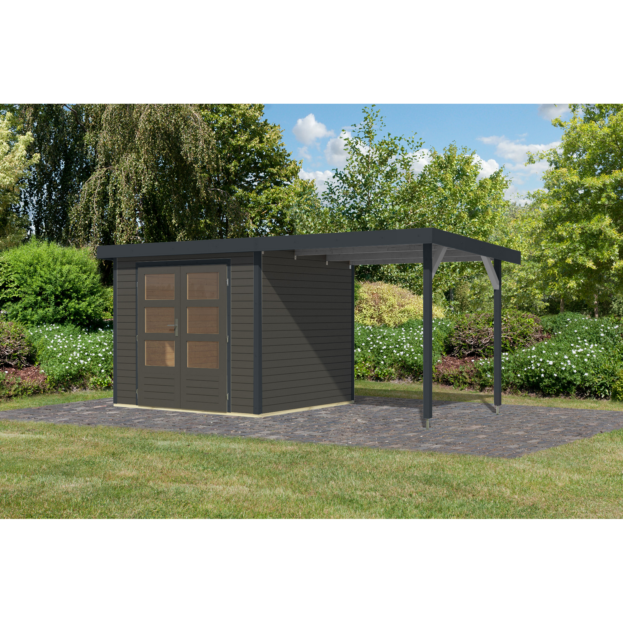 Gartenhaus-Set 'Komet 3 B' Fichtenholz terragrau / anthrazit mit Anbaudach 2,35 m breit 454,5 x 209 x 213,5 cm