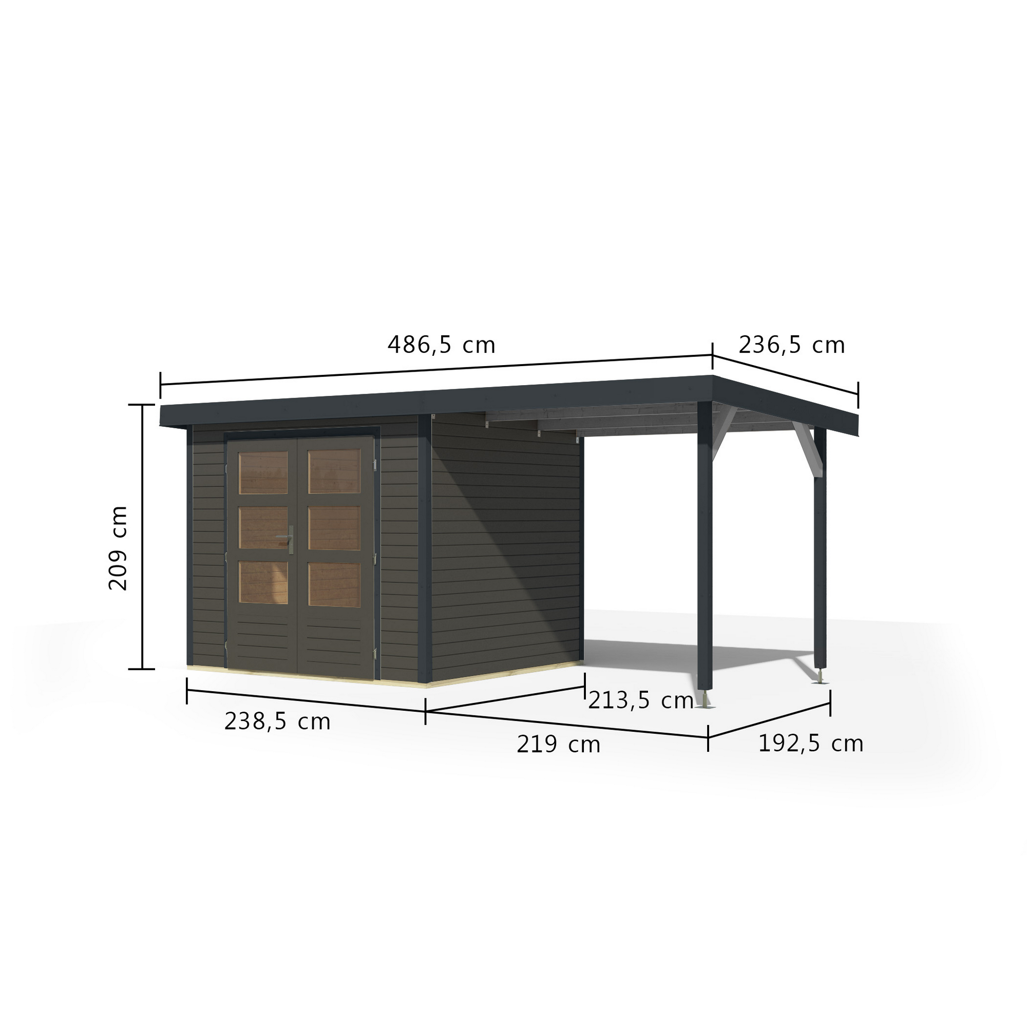 Gartenhaus-Set 'Komet 3 B' Fichtenholz terragrau / anthrazit mit Anbaudach 2,35 m breit 454,5 x 209 x 213,5 cm