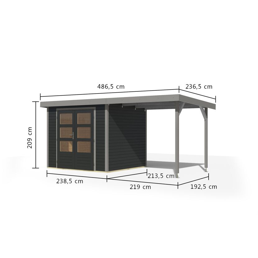 Gartenhaus-Set 'Komet 3 C' Fichtenholz anthrazit / graualuminium mit Anbaudach 2,35 m breit 454,5 x 209 x 213,5 cm