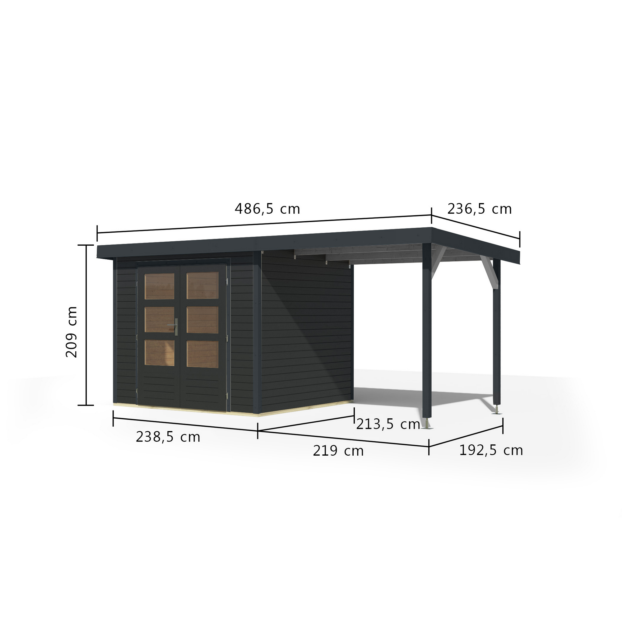 Gartenhaus-Set 'Komet 3 C' Fichtenholz anthrazit / anthrazit mit Anbaudach 2,35 m breit 454,5 x 209 x 213,5 cm