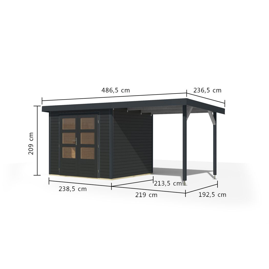 Gartenhaus-Set 'Komet 3 C' Fichtenholz anthrazit / anthrazit mit Anbaudach 2,35 m breit 454,5 x 209 x 213,5 cm