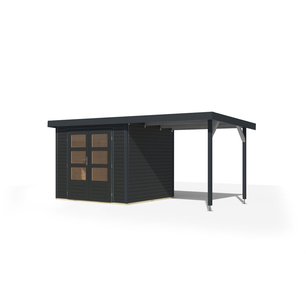 Gartenhaus-Set 'Komet 3 C' Fichtenholz anthrazit / anthrazit mit Anbaudach 2,35 m breit 454,5 x 209 x 213,5 cm